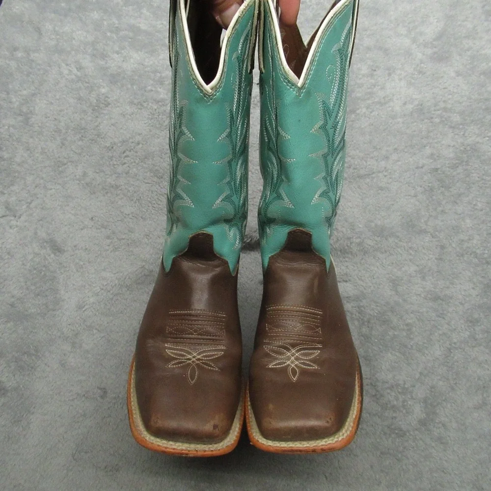 Justin Cowboy Boot Youth 1D Square Toe Brown Turquoise Western Embroidery Riding